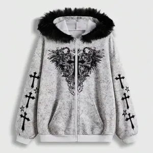 ALIELNOSIRRAH 'Divine Night' Gothic Cross Zip Up Hoodie Faux Fur Hood Vintage Y2K Angel Wing Dark Streetwear Jacket