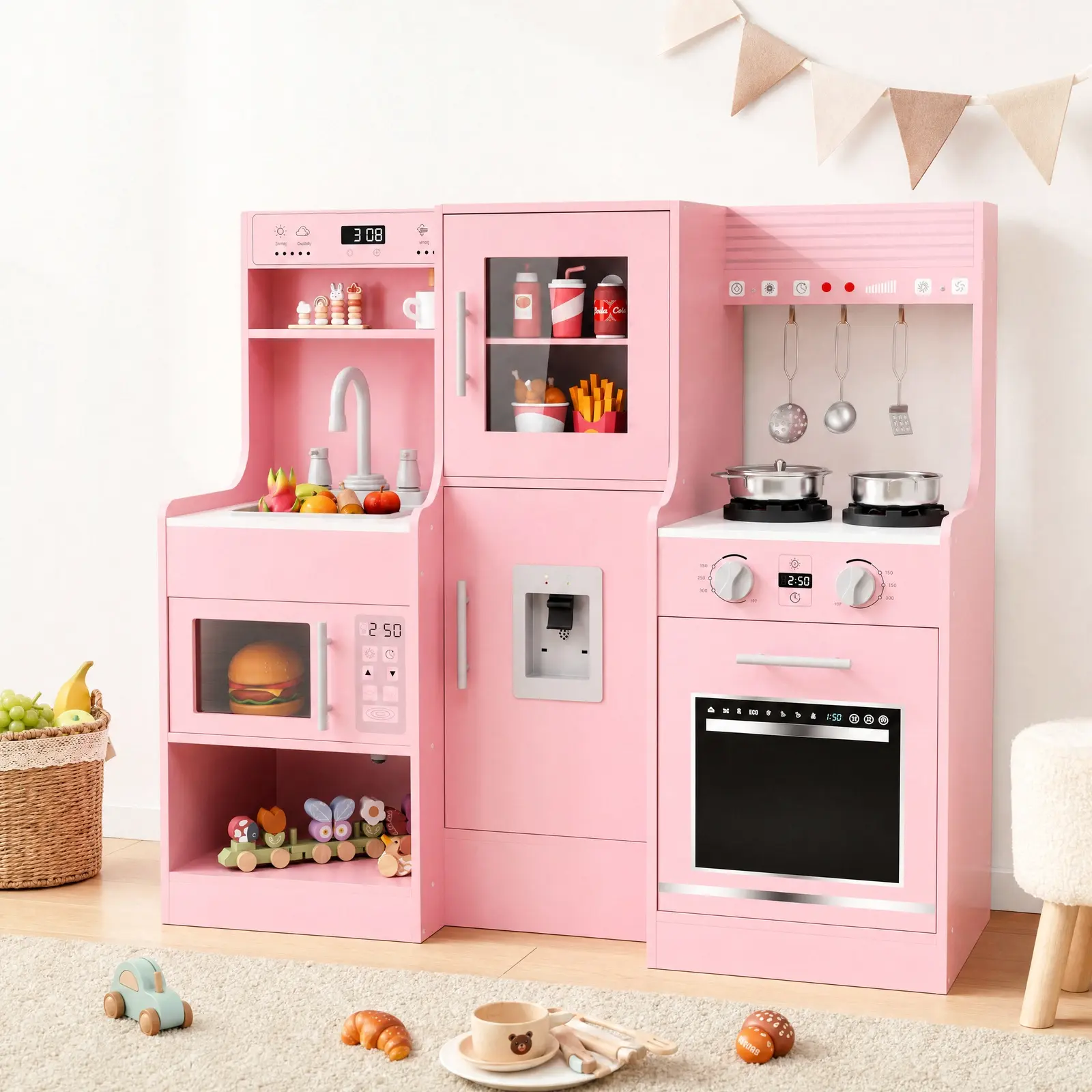 MAMIZO Kids Play Kitchen Set, Wooden Toddler Kitchen Toys Playset with Realistic Lights & Sounds, Interactive Pretend with Water Dispenser, 6 Cooking Kitchenware, Microwave Oven, Sink & Stove, Festival & Birthday educational Gift For Ages 3+ fun
