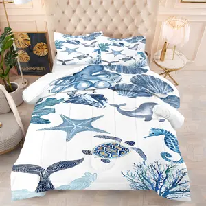 2/3-Piece Ocean World Themed Comforter Set，Seahorse, Sea Star, Whale, Sea Turtle, Octopus Printed Bedding Set, Suitable for Teenagers and Children'S Room Decoration and Integration With Marine Creatures, 1 Quilt and 1/2 Pillowcase