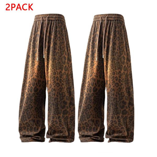 2PACK Men's Soft Gradient Leopard Print Wide Leg Pants, Casual Drawstring Baggy Trousers, Perfect for Street, Skate, Daily & Streetwear