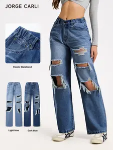 JORGE CARLI Women's Pocket Ripped Casual Denim Jeans, Straight Leg, Elastic Waist, Loose-Fitting, Mid Waist, Perfect for Commuting