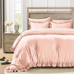 King Size Bed in a Bag 7 Pieces King Size Comforter Set, Ruffle Bedding Comforter Set Pink Bed Set with Comforter, Pillowcases, Flat Sheet, Fitted Sheet and Pillow Shams