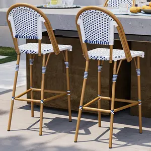 ONBRILL French Bar Stool Set of 2, White Print Finish Patio Bar Stools with Back Rattan Chairs, Wicker Bar Height Stool 29" with Footrest, Kitchen Stools Outdoor Barstool Navy Blue and White