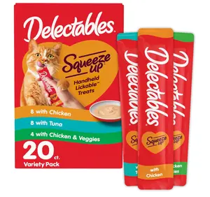 Delectables Squeeze Up Variety Pack, Creamy Squeezable Puree, Lickable Wet Cat Treats, Grain Free, No Added Fillers, No by-Products, No Added Preservatives, 0.5 Ounces Tube, 20 Tubes Total