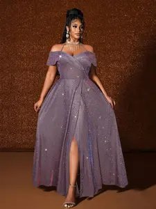 Plus Size One-Shoulder Dress, Sequin Waist Cinch Split Long Dress, European Style Party Dress, Wedding, Event, Stage Performance