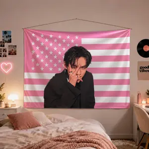 T Inspired Flag Tapestry Korean Idol Room Decor Pink Aesthetic Wall Hanging Gift for Kpop Fans Birthday Christmas Dorm Decor