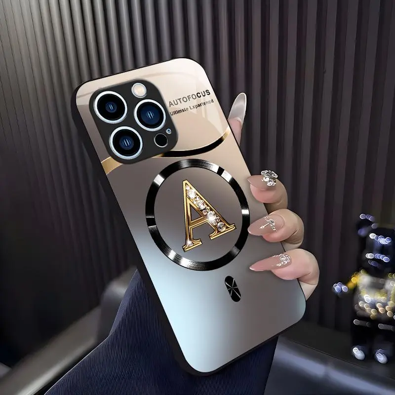 Suitable for [iPhone 15 Pro] high-end MagSafe phone case🥰, Luxury Gradient Bling Rhinestone Letter Magnetic Case Choose from all 26 letters—featuring a sophisticated, minimalist design 952