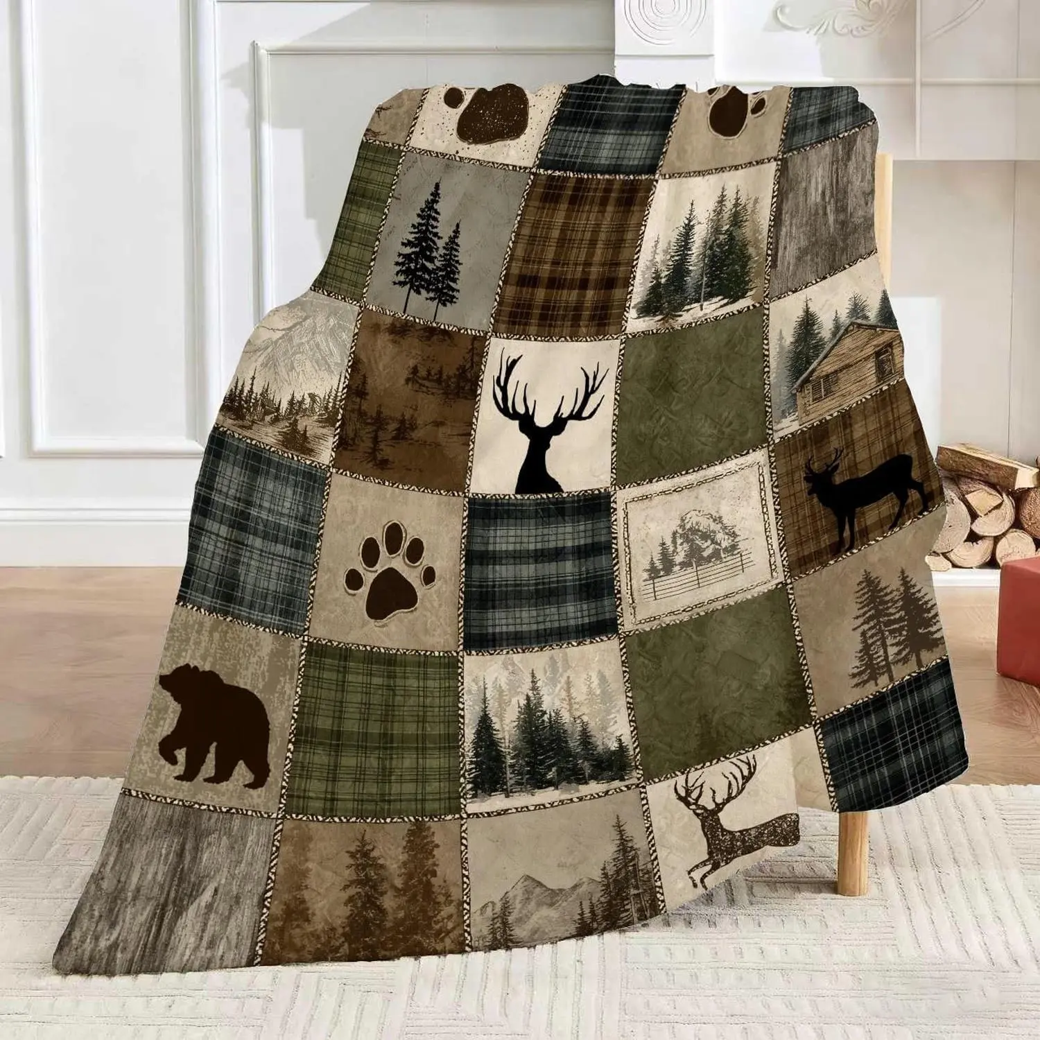 Flannel Blanket | Rustic Cabin Throw Blanket Country Hunting Wildlife Bear Deer Lodge Brown Plaid Patchwork Soft Cozy Flannel Blankets For Living Room Bedroom Couch Sofa Bed Rustic Home Decor | Gift Blanket / All Season
