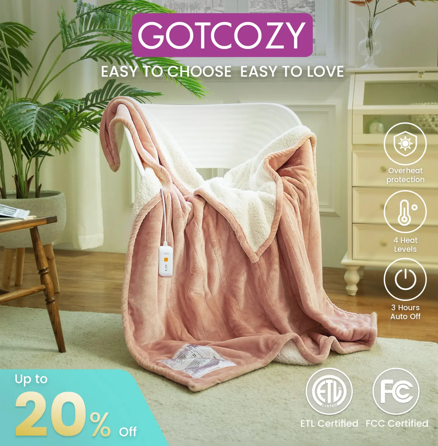 GOTCOZY Cozy Style Heated Throw, 50''x60'' Heating Blanket for Bedroom, 4 Heating Levels, 3-Hour Auto Off, ETL Certified, Machine Washable Bed Warmer Household Appliance, Heating Blankets