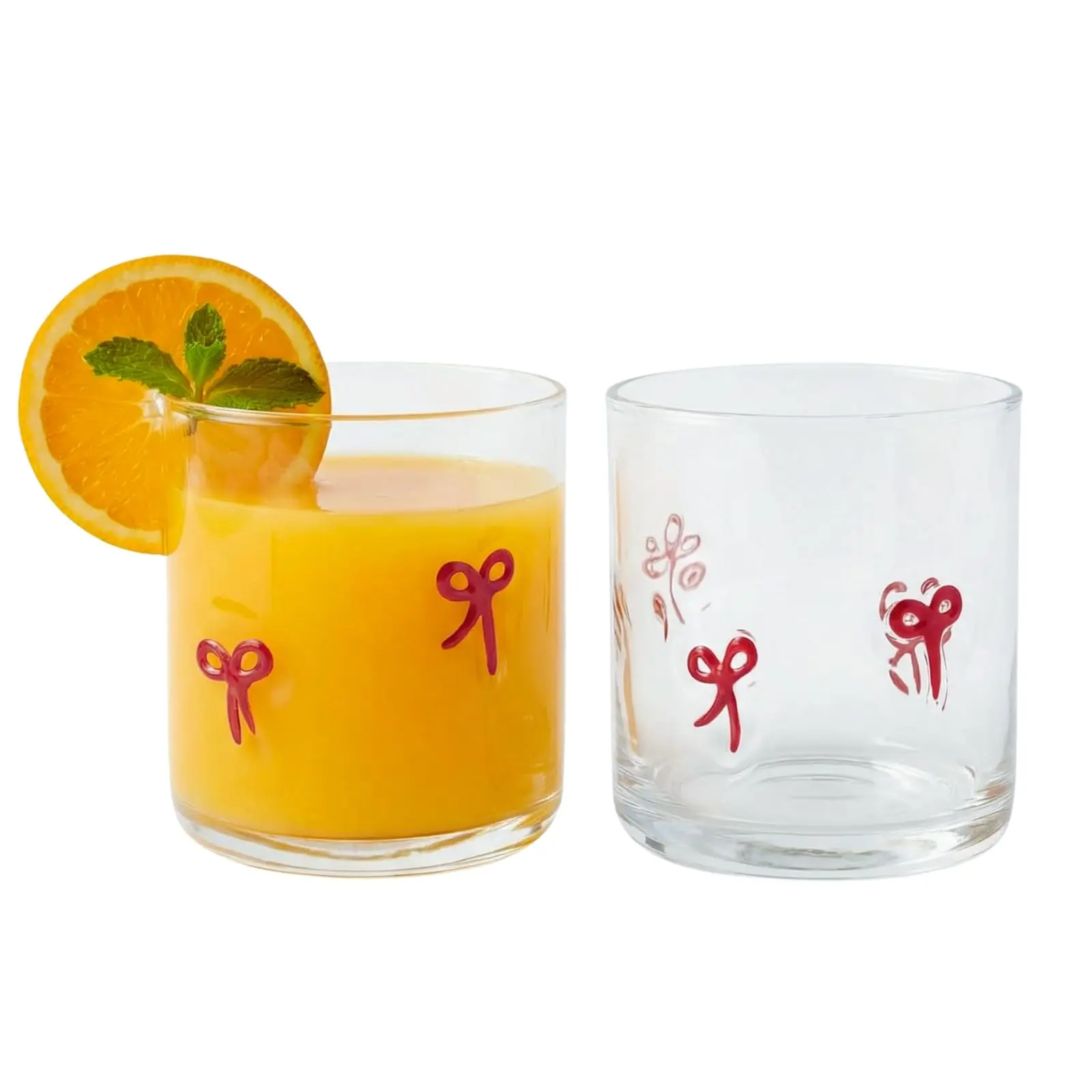 Khen 2 Pack Coquette Bow Icon Juice Glass Coquette Bow Aesthetic Cup 15 ounce Double Old Fashioned Icon Handblown Cocktail glasses for Women Friend Party, Bridal Shower Gifts (Red)
