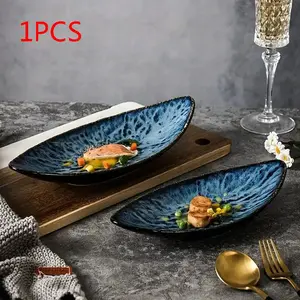 Blue Leaf Ceramic Plate Set, Aesthetic, Scratch Resistant, Microwave & Dishwasher Safe, Perfect for Sushi, Desserts, Appetizers, Daily Meals, Dinner Plates