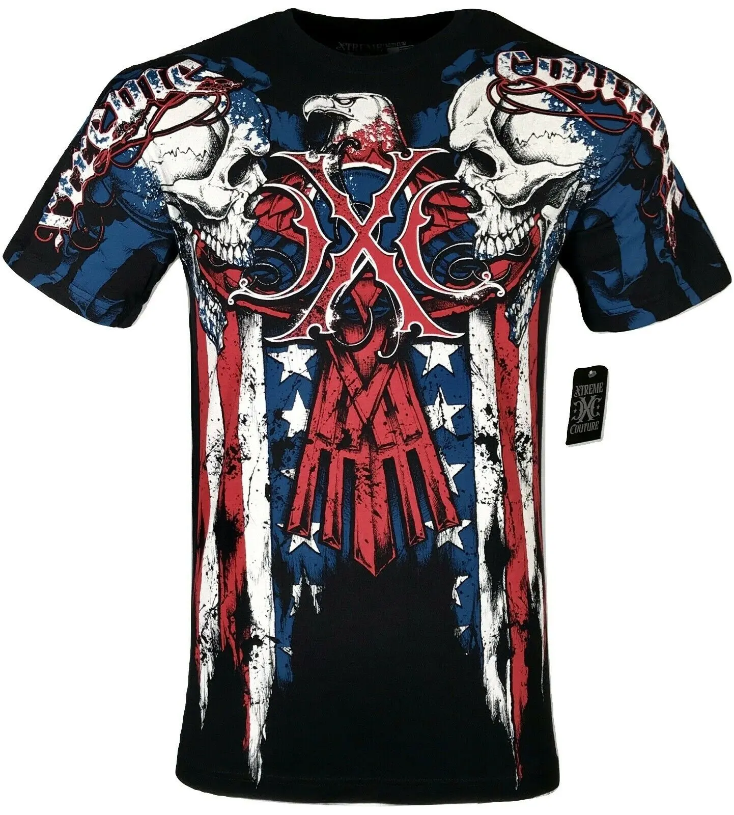 Xtreme Couture Men's Couture Patriot Graphic Print T-Shirt - Casual 100% Cotton Short Sleeve Crewneck, Tshirt, Crew Neck, Tops, Round Neck, Fitted Cut, Printed Front/Back, Biker, Gothic, Shortsleeve, Menswear, Lightweight