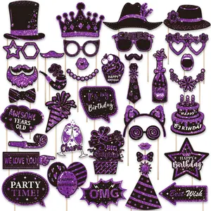 38 PCS Birthday Photo Booth Props Party Supplies Holiday Picture Decorations Photo Booth Props For Birthday Party Favors Pose Sign Kit Fun For Party (Purple And Black)