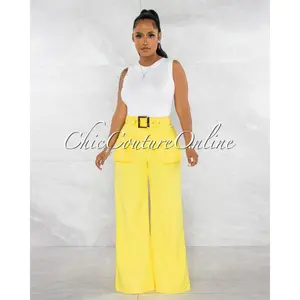 *Harsha Yellow Gold Buckle Belt Cargo Pockets Wide Pants