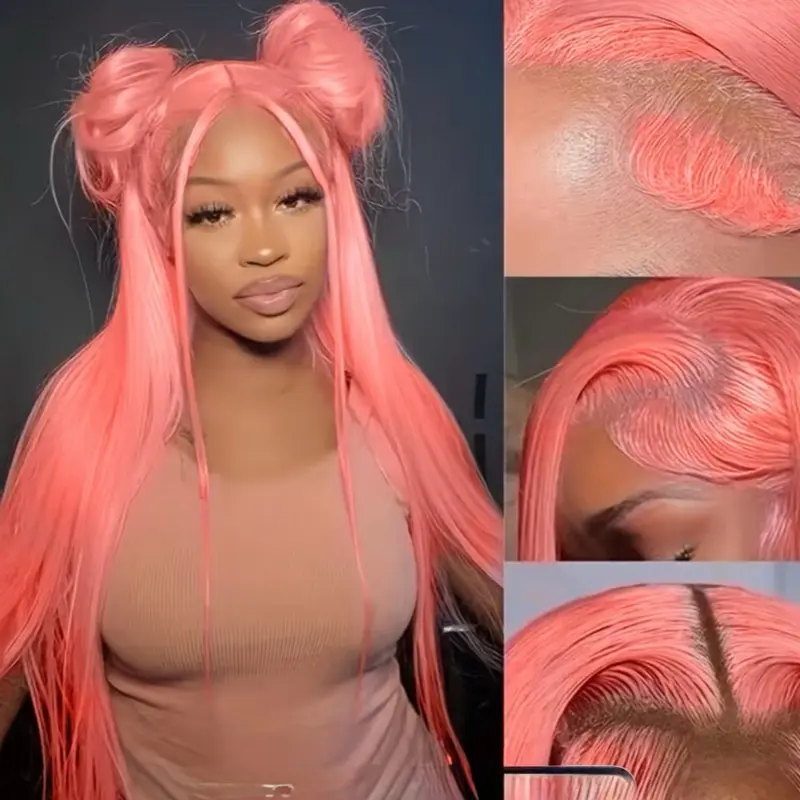 Pink Lace Front Wig 26 Inch Straight Synthetic Hair – Natural Look Adjustable