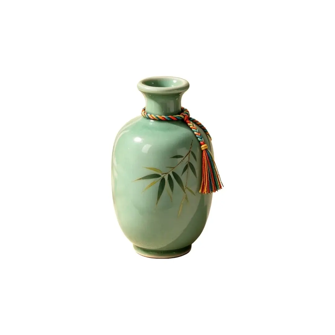Celadon Porcelain Vase, Bamboo Print With Colorful Tassel, Chinese Style Tabletop Decor