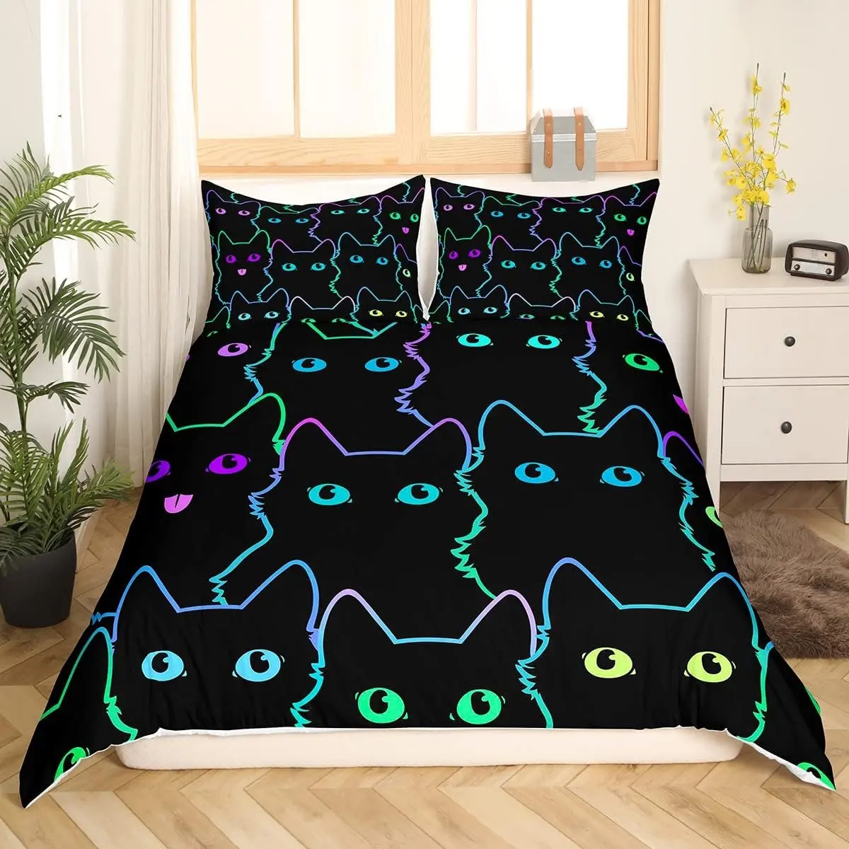 Feelyou Microfiber Cartoon Cat Duvet Cover Set - 3D Neon Light Cute Kitten Animal Print, Modern Theme Bedding Set, Colorful Decor for Cat Lovers (No Comforter), Microfiber Duvet Cover