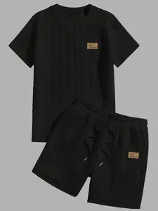 Men's Letter Patched Short Sleeve Tee & Shorts Set, Regular Fit Casual Round Neck T-shirt & Shorts, Men's Summer Loungewear Clothes for Daily Wear, Menswear