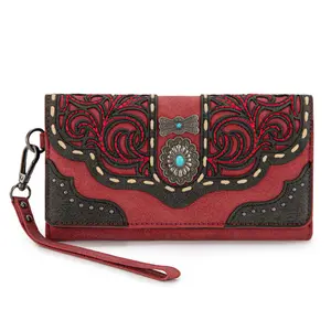 Montana West Western RFID Wallet for Women Embroidered Design with Turquoise Concho and Wristlet Strap