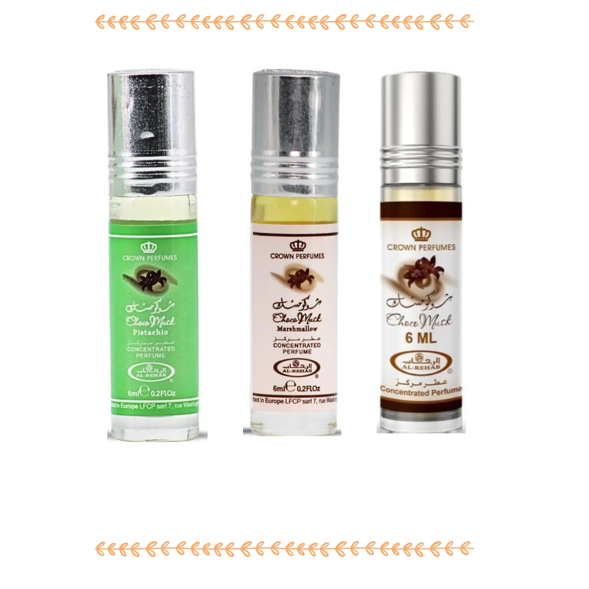 Al-Rehab Coco Musk Unisex Mini Trio - Rollerball & Oil Roll-Ons, Assorted Scents with Gourmand Notes of Cocoa, Marshmallow, Pistachio, Daily Wear Marshmallow Choco Musk Unisex Fragrance