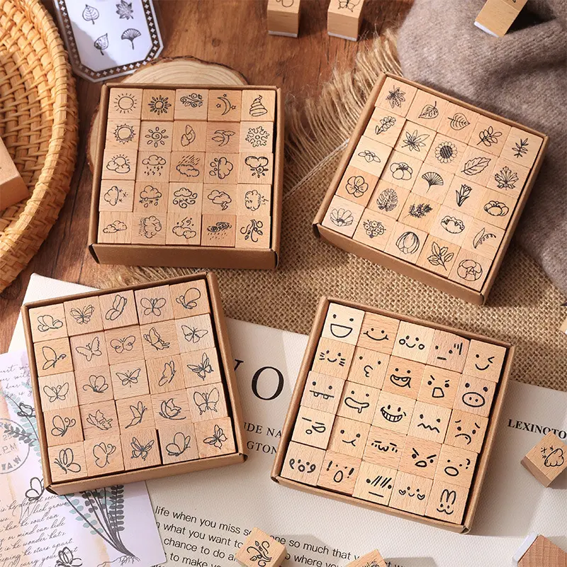 25pcs Wooden Stamps Set, Rubber Stamp, Fun Expressions Weather Flowers Butterflies Patterns, Ideal for Scrapbooking, Crafts, Calendar Diary Journal Envelope Decoration, Scrapbook Materials