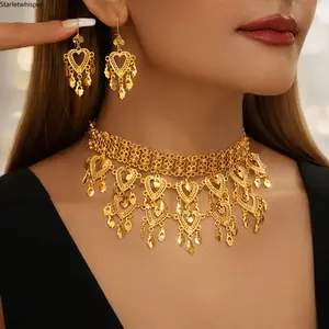 Vintage Heart Filigree Choker Necklace & Earring Set, Gold Tassel Statement Jewelry for Women, Perfect for Party, Dance, Daily Wear, Valentine's Day and Birthday Boujee Gifts