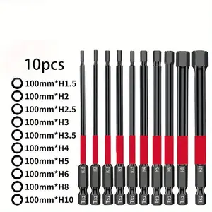 10pcs, 100mm Anti-slip Internal Hexagonal Socket Black Impact Drill Bit Screwdriver, S2 Steel Electric Drill Bit, Extended Hexagonal Drill Bit, Strong Magnetic Drill, Anti-slip Drilling Tool, Ideal Christmas Black Friday Gift Choice Allen Wrench Set
