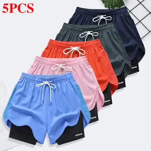 Set of 5 women’s athletic shorts: double-layer faux two-piece design with letter print, breathable quick-dry fabric, adjustable drawstring waist—lightweight fitness shorts that are not see-through for running and casual wear.
