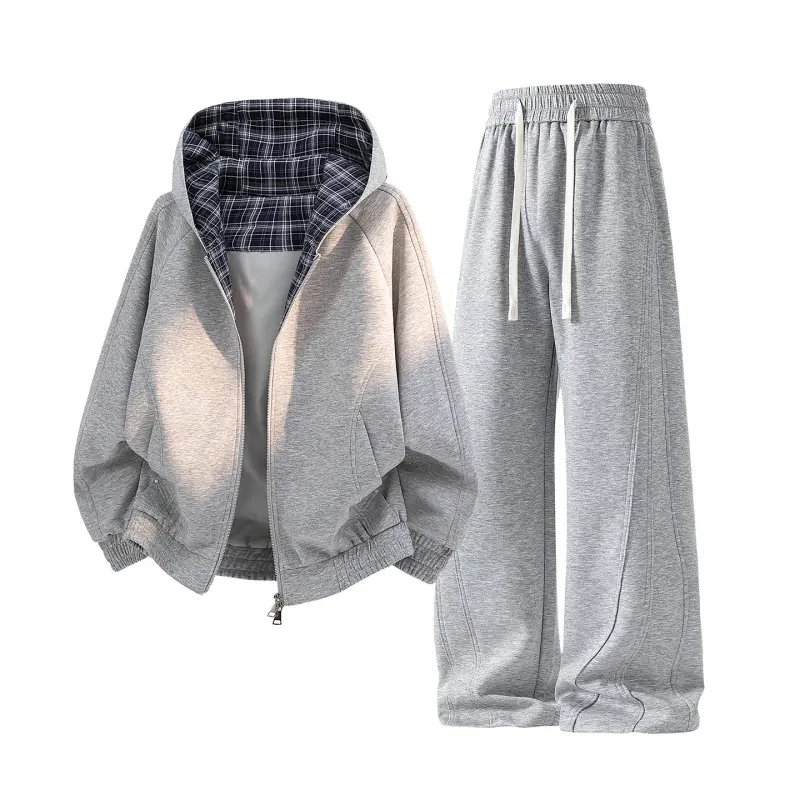Men's Stylish 2-Piece Sports Khaki Set - Long Reversible Hooded Zip Jacket with Plaid-Lined Raglan Sleeves, Ribbed Cuffs & Drawstring Waist, Soft Smooth Fabric Unisex Sweatpants for Spring Autumn Casual Outdoor Use, Menswear, Varsity, Two Piece Sets