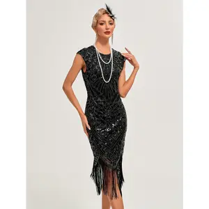 Roaring Twenties Sequin Flapper Dress - Vintage 1920s V-Neck, Short Sleeve Polyester with Tassels - Ideal for Themed Parties, Banquets, and Gatsby Balls