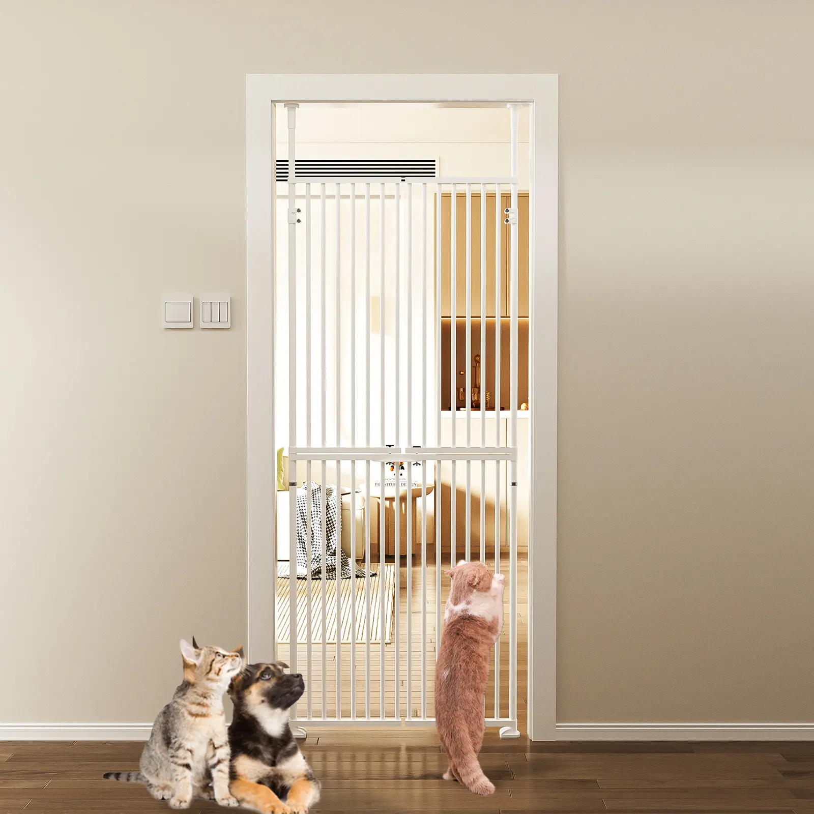 SLSY 74.8 Inches Extra Tall Metal Pressure Mounted Pet Gate - No Drill Installation, Strong Adjustable Safety Barrier for Home, Stairs, Dogs, Cats