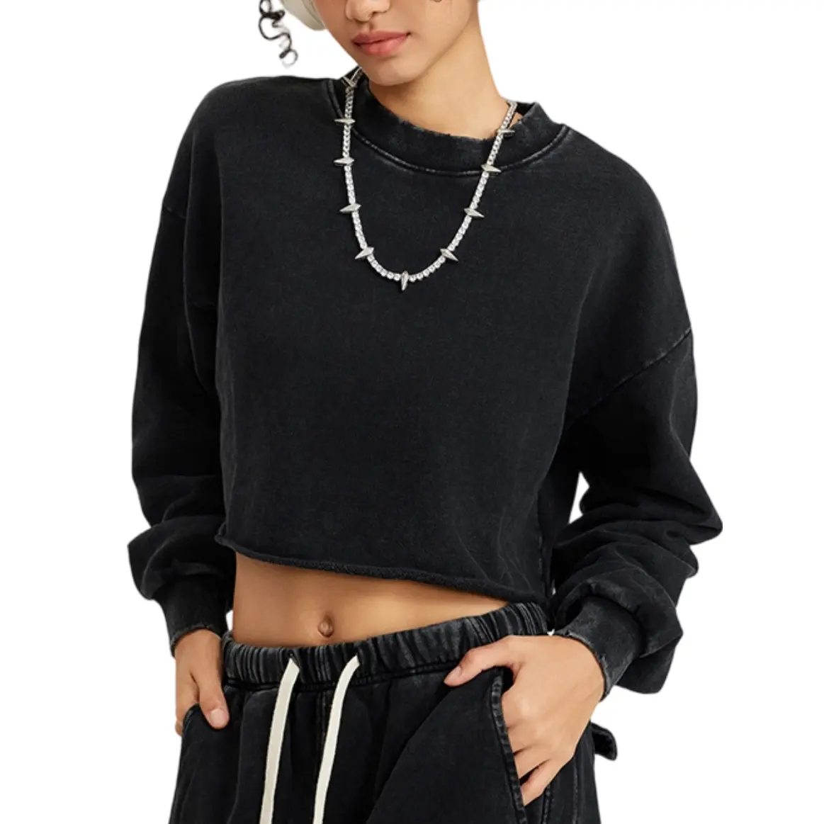 Arssm Women’s Cropped Acid Wash Sweatshirt – Oversized Vintage Crewneck Pullover, Y2K Streetwear Long Sleeve Top for Fall Winter Casual Layering Outfits