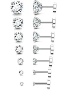 Hypoallergenic Flat Back Earrings, Rhinestone Design, Silver Color Stainless Steel Studs, Suitable for All Seasons & Sensitive Ears, Stud Earring Jewelry
