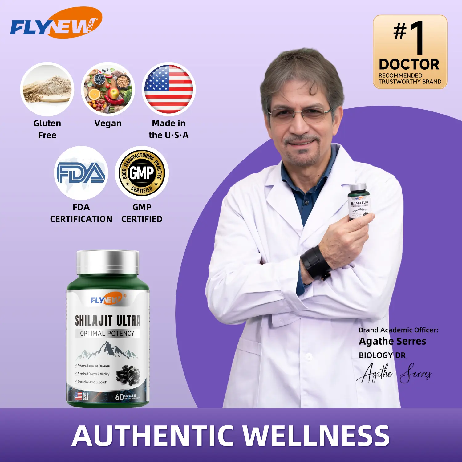 FlyNew Alpha Brain Nootropic Organic Dietary Supplement - Made in USA, Natural Men’s Selfcare with L-Arginine, Himalayan Resin Shilajit, Pomegranate, Trace Minerals, Energy Boost, Antioxidant Support (30 Capsules)