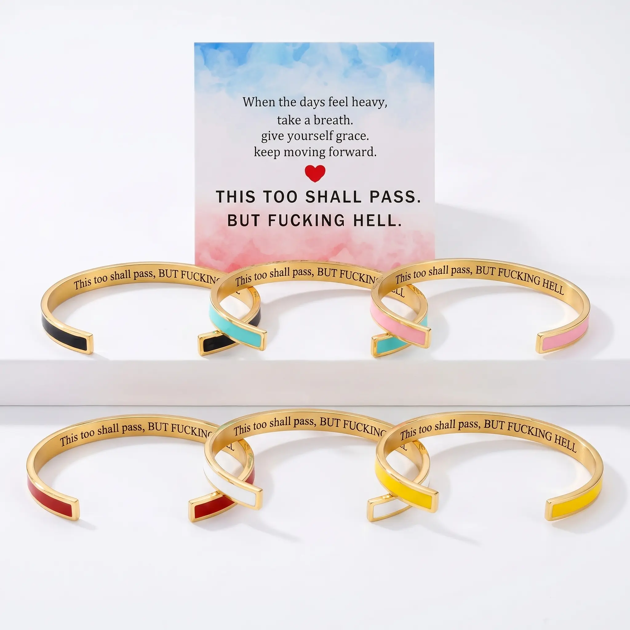 This Too Shall Pass" Hidden Message Cuff Bracelet | Sarcastic & Inspirational Enamel Bangle | Stainless Steel Mental Health Gift)