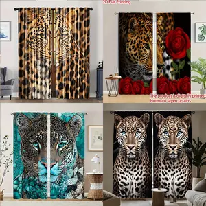 2 modern leopard print curtains with polyester fiber rod pocket design, suitable for living rooms and bedrooms, fashionable home decoration, featuring bold wildlife themes, Window Curtain