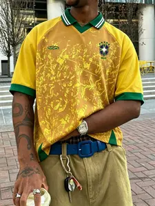 Men's Vintage Brazil National Team Athletic Polo Shirt, Yellow And Green Color Block Graphic Short Sleeve, Breathable Sporty T-Shirt, Suitable For Soccer Fans And Daily Wear