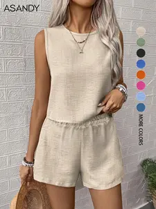 Women's Solid Color Crew Neck Tank & Shorts Two-Piece Set, Casual Short Sleeve Top & Shorts, Summer Clothes for Ladies Outdoor, Matching Clothing Set Women