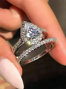 2 PC/Set Classical Cubic Zirconia Ring Teardrop Bridal Ring Sets For Women For Valentine's Day Gift Wedding Anniversary Party Jewelry