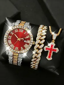 Men's Luxury Jewelry Watch Set, Elegant Jewelry Set with Alloy Strap, Quartz Watch, Bracelet & Cross Pendant Necklace, Ideal Gift for Valentine's Day, Father's Day, Birthday