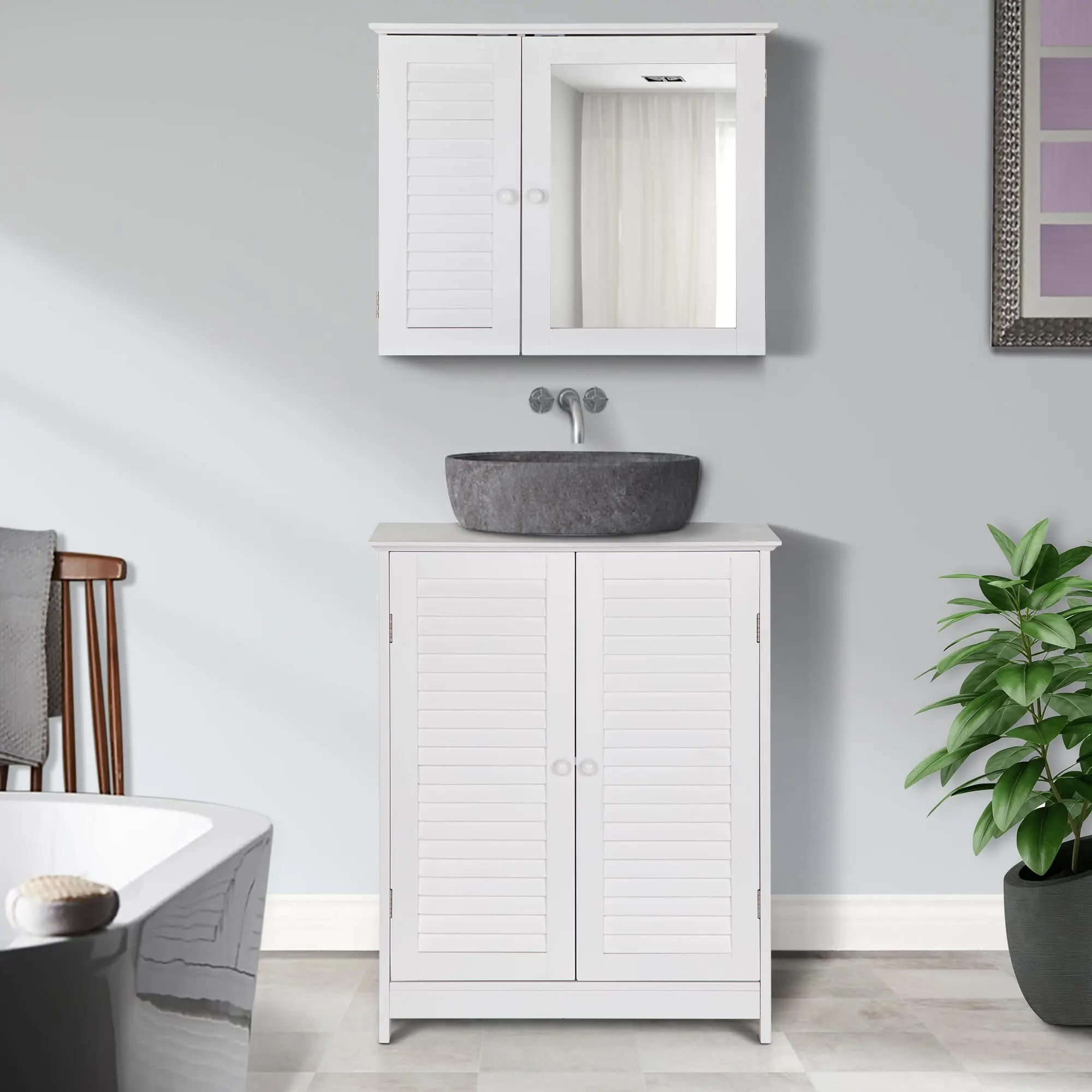 PHIVILLA Storage Cabinet Sets, Includes Floor Storage Cabinet with 2 Louvered Doors & Medicine Cabinet with Mirror for Living Room, Kitchen, Bathroom