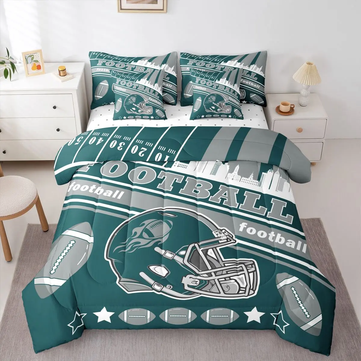 Feelyou 7-Piece Multi-Size Football Comforter Set - Breathable Cloth Philadelphia Fan Bedding Bundle with Comforter, Sheets, Pillowcases, Cushion Cover, Ideal for Watch Party, Fan Gift Ready, Philadelphia Fans, Football Themed Bedding Set, Soft Microfiber