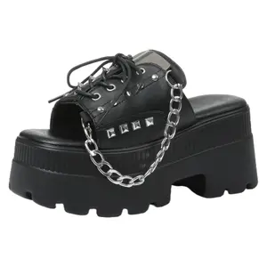 Women's Gothic Punk Chain Buckle Sandals Comfortable Round Toe Platform Wedge Shoes