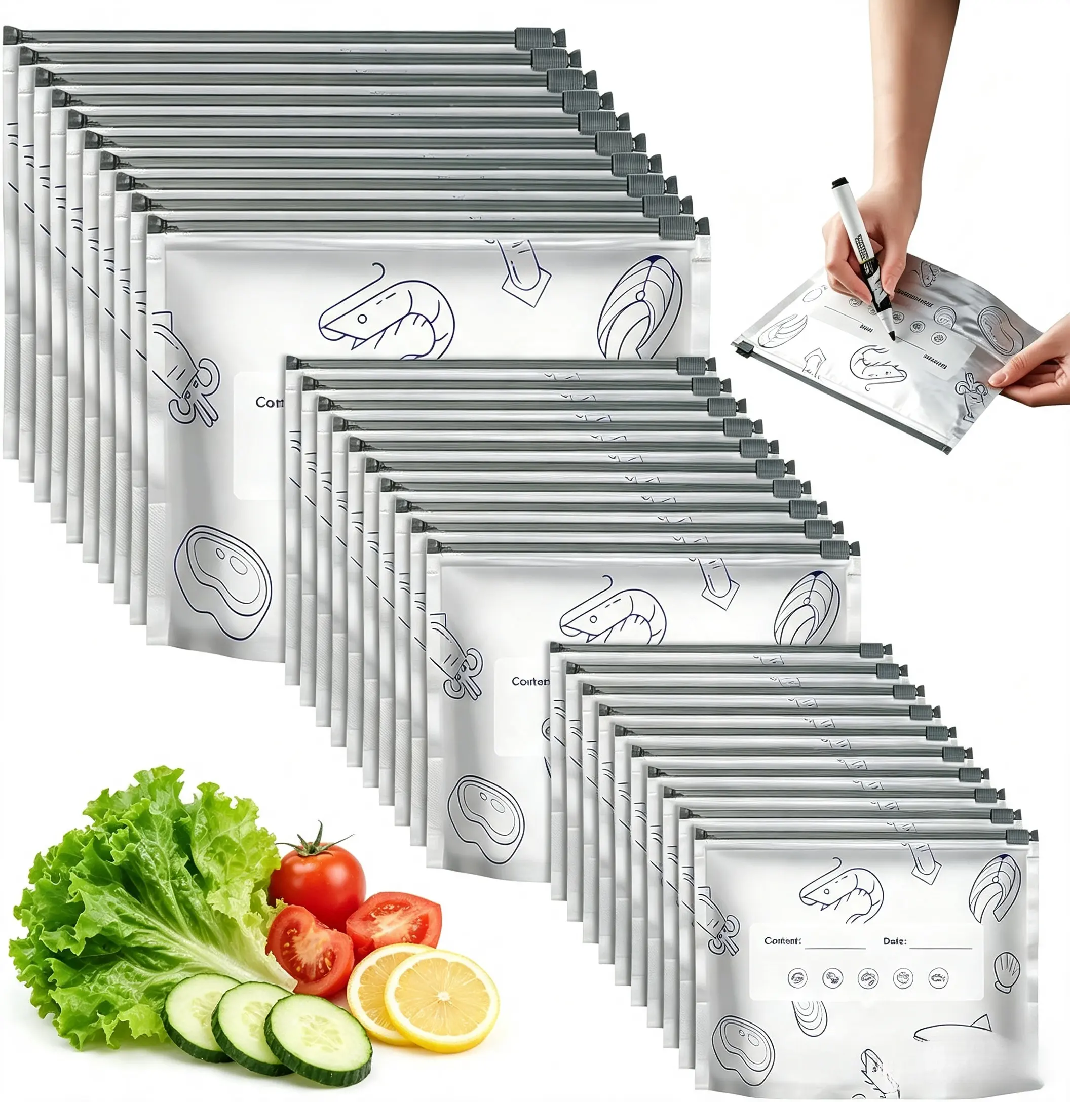30PCS Reusable Aluminum Foil Storage Bags Set, 3 Sizes Stand-Up Resealable Zip-Lock Pouches with Label Area, Airtight Kitchen Organizer for Vegetables, Fruits & Meat