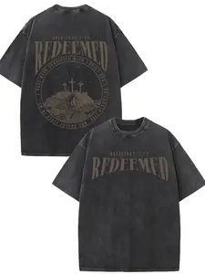 REDEEMED Men's 220g Heavyweight Cotton T-Shirt - Dual-Sided Retro Street Print, Christian Faith Design with Cross & Romans 3:23, Soft Washed Texture, Loose Fit Crew Neck, Machine Washable for Casual, Beach, Par
