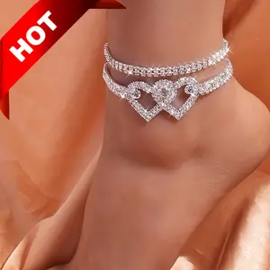 2pcs Double Love Heart Inlay Shiny Synthetic Zirconia Chain Anklet Set Shiny Beach Foot Jewelry Wedding Accessories