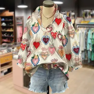 Cherrybetty Vintage Heart Print V-Neck Bubble Sleeve Valentine's Day Blouse Women's Clothes Plussize Going Out Tops Shirts For Women Outfits Para Mujer Cute Tops For Women