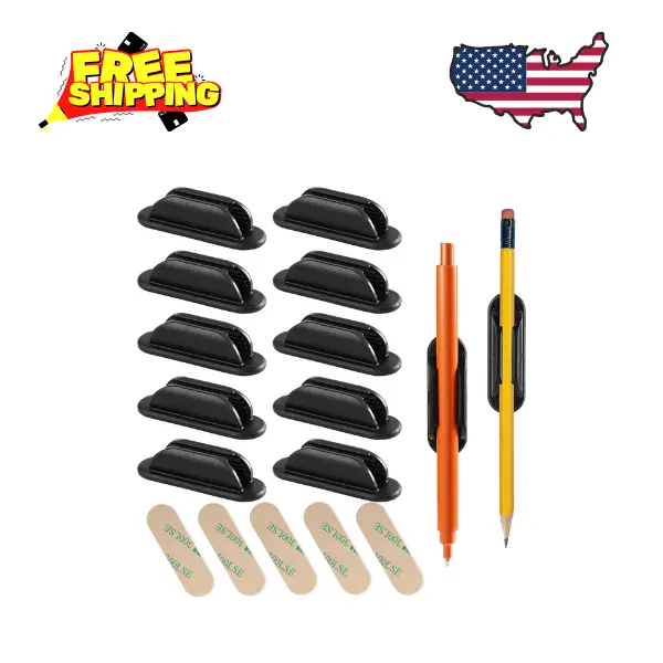 10 Pack Adhesive Pencil Holder for Desk, Silicone Pen Holder for Wall (Black)