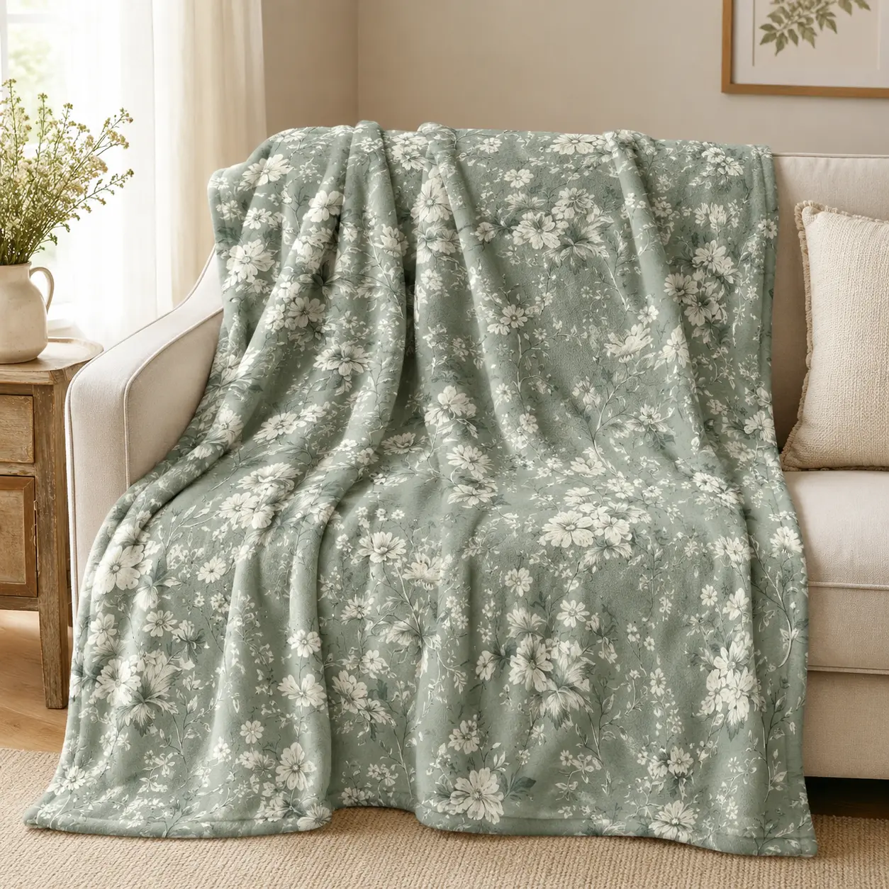 Sage Green & Vintage White Floral Flannel Blanket - Soft, Cozy, Elegant Botanical Warm Fuzzy Plush Throw, Ideal Gift for Cottagecore Lovers, Farmhouse Bedroom Sofa Home Decor