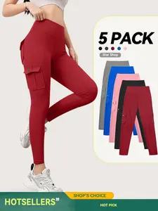 5-Piece Set of High-Waisted, Tummy-Tucking Workout Yoga Pants for Women: 4-Way Stretch Workwear Pants with Pockets, Soft and Snug-Fitting Running and Jogging Pants